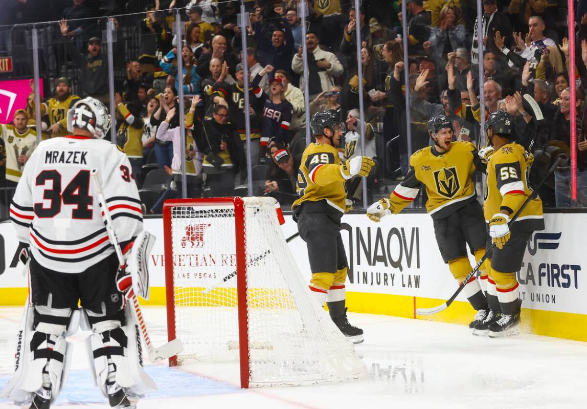 Golden Knights right wing Keegan Kolesar (55) celebrates his goal against the Chicago Blackhawk ...