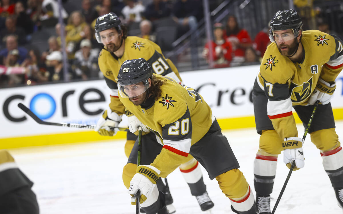 Golden Knights left wing Brandon Saad (20), defenseman Alex Pietrangelo (7) and right wing Mar ...