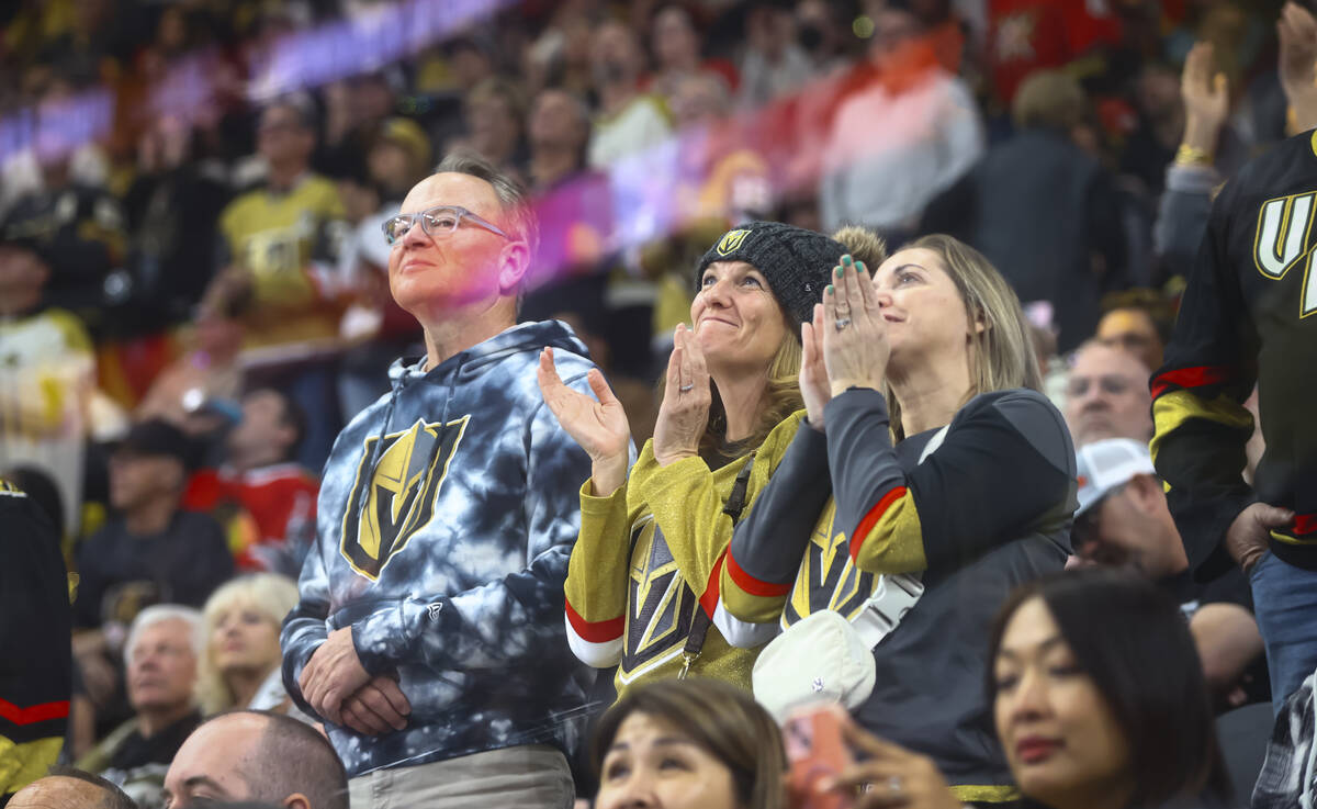 Golden Knights fans react as a video is played to celebrate the return of former Knight and cur ...