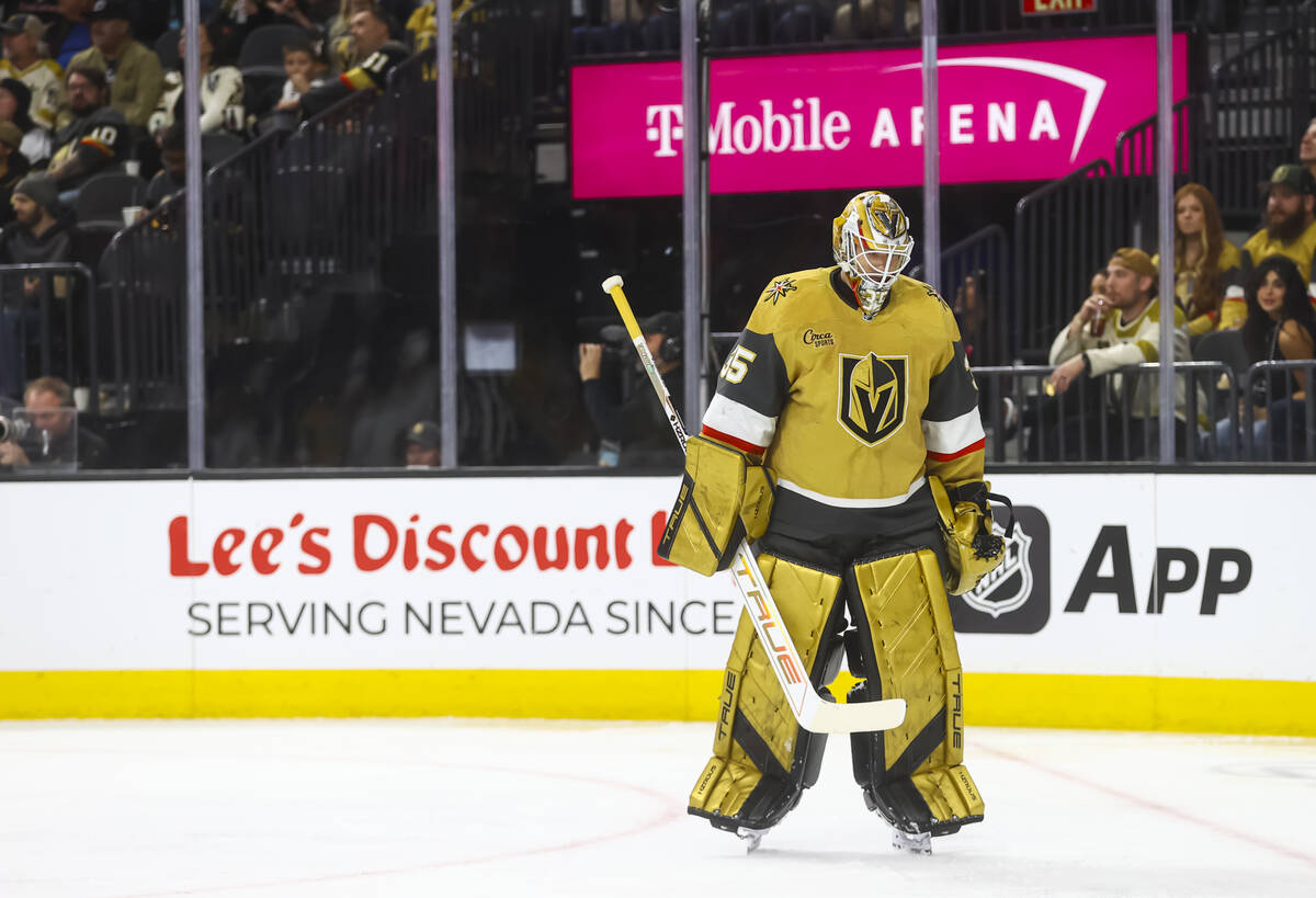 Golden Knights goaltender Ilya Samsonov (35) looks on after giving up a goal to the Chicago Bla ...