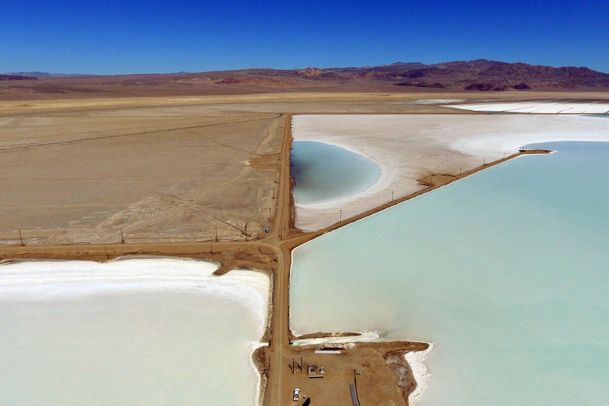 Lithium brine evaporation ponds are seen at Albemarle's lithium mine in Silver Peak, Nevada Tue ...