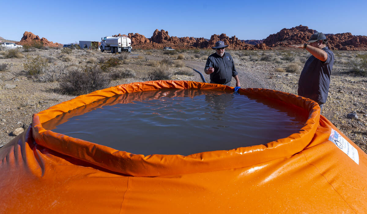 Nevada Department of Wildlife's Martin Olson, a conservation educator, and Cameron Jensen, a wi ...