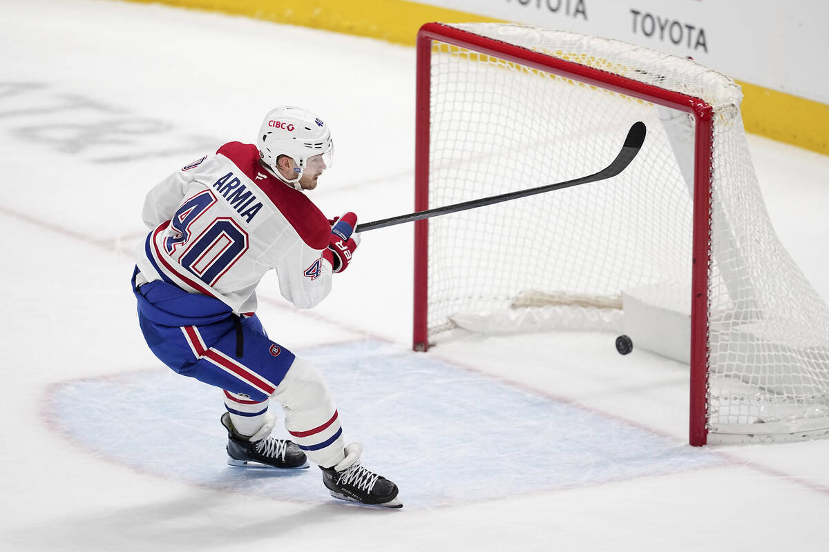 Montreal Canadiens right wing Joel Armia scores on an Dallas Stars empty net late in the third ...