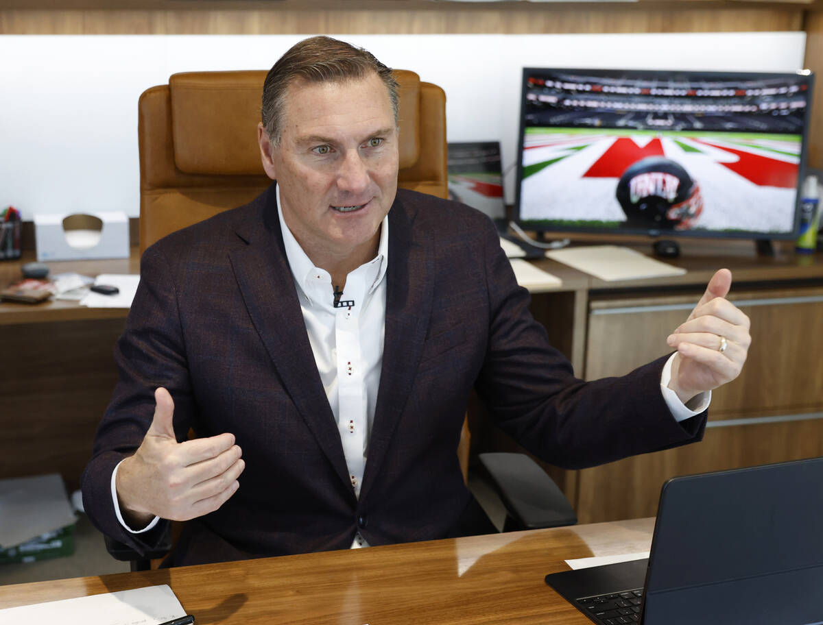 UNLV football head coach Dan Mullen speaks during an interview with the Review-Journal at his o ...