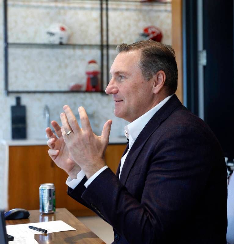 UNLV football head coach Dan Mullen speaks during an interview with the Review-Journal at his o ...