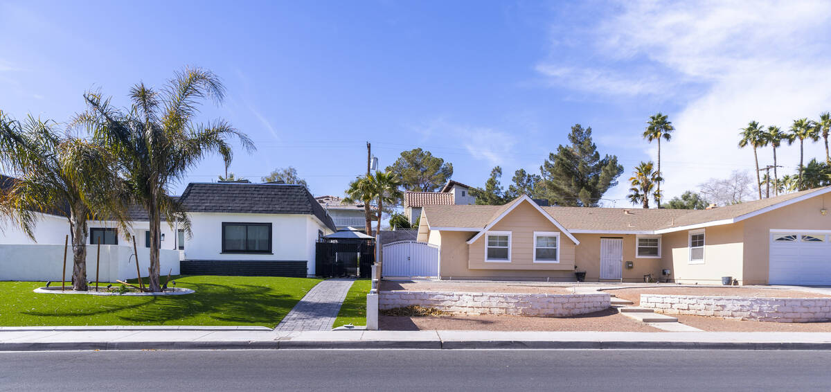 Two yards within the McNeil Estates neighborhood display artificial grass and rock landscaping ...