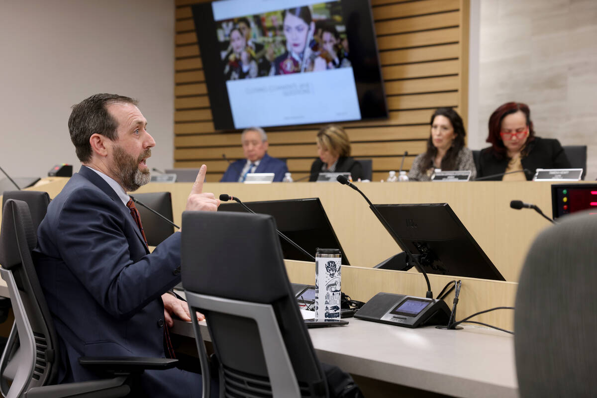 Jesse Welsh answers questions from the Clark County School Board during an interview for Clark ...