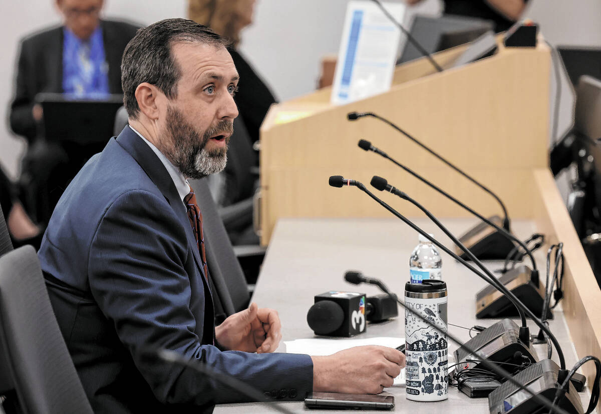 Jesse Welsh answers questions from the Clark County School Board during an interview for Clark ...