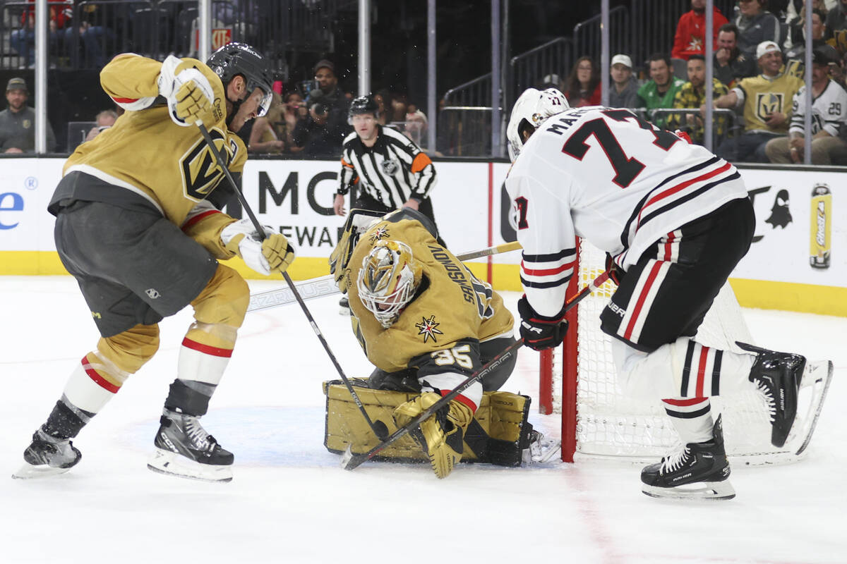 Vegas Golden Knights defenseman Brayden McNabb (3) and goaltender Ilya Samsonov (35) defend a s ...