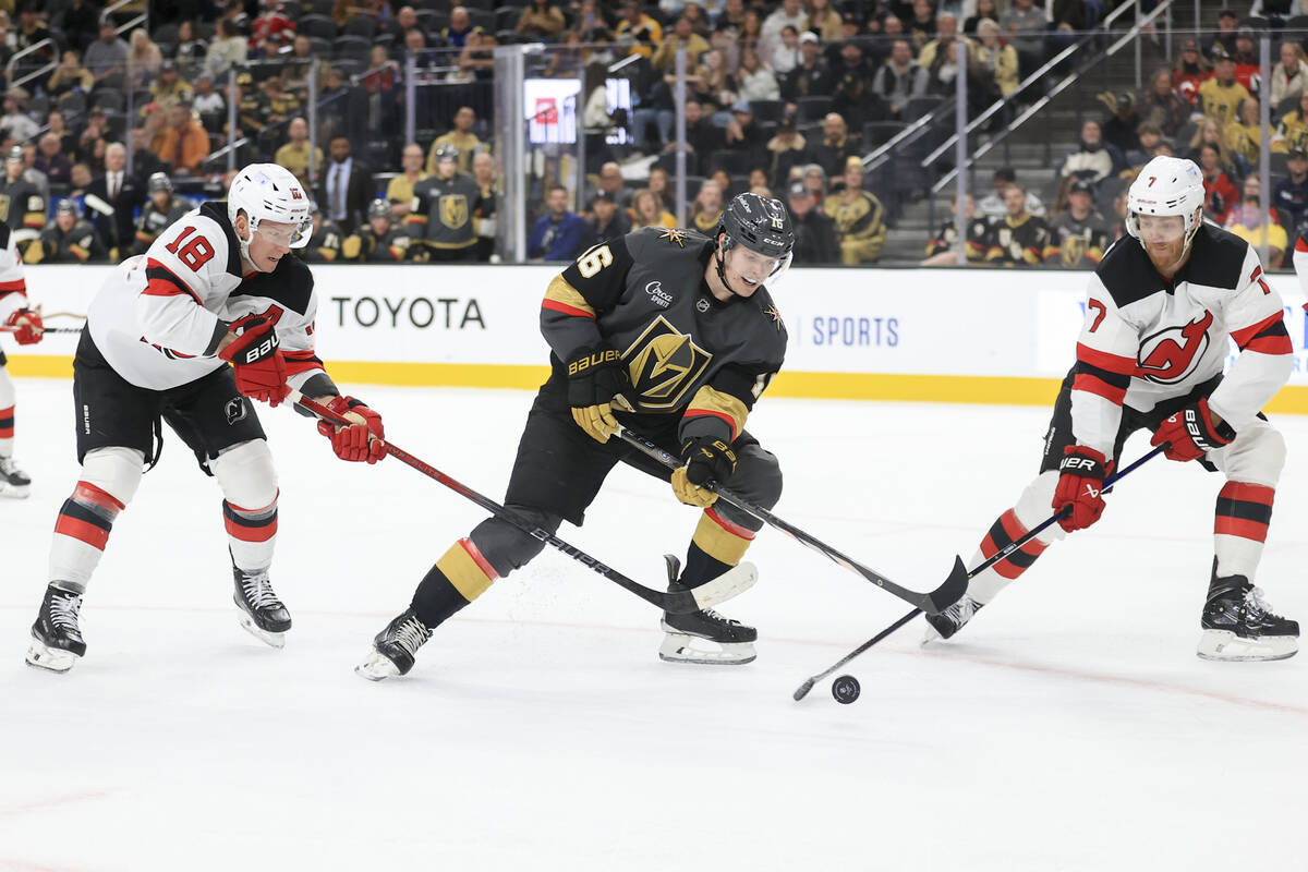 Vegas Golden Knights left wing Pavel Dorofeyev (16) skates against New Jersey Devils left wing ...