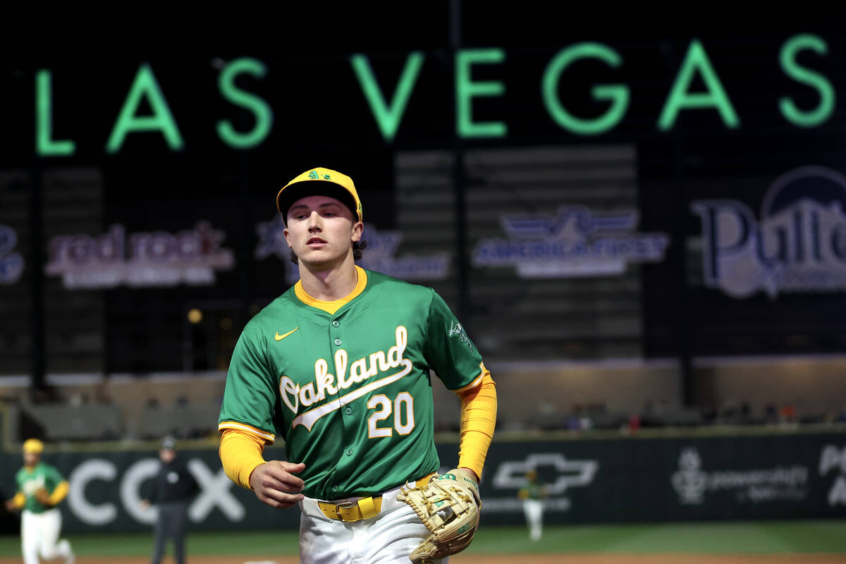 Athletics second baseman Zack Gelof (20) runs to the bench during a Major League Baseball sprin ...