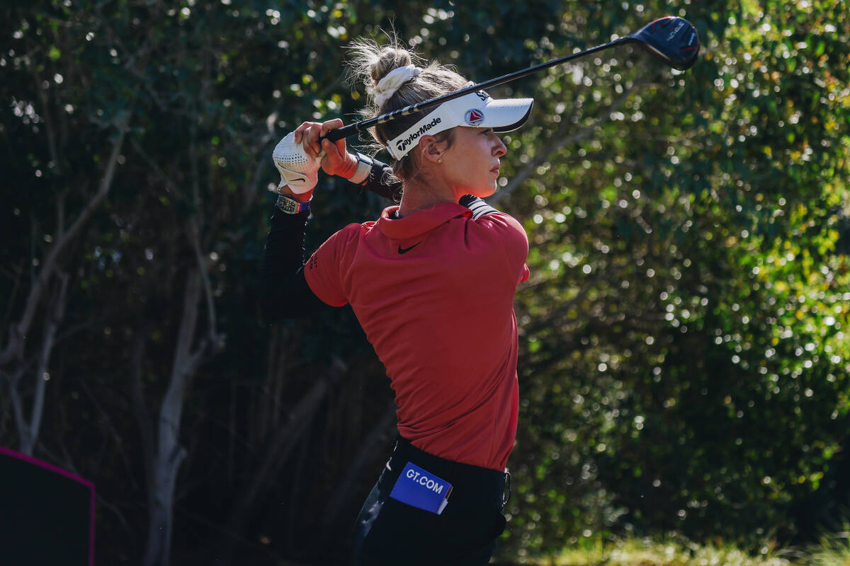 Nelly Korda strikes her ball during the T-Mobile Match Play championship match at Shadow Creek ...