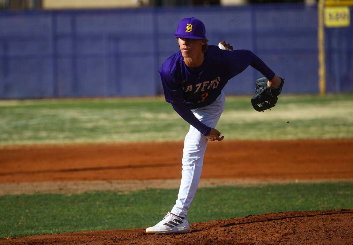 Durango's Teagan Payne (3) pitches to Legacy during a baseball game at Durango High School on M ...