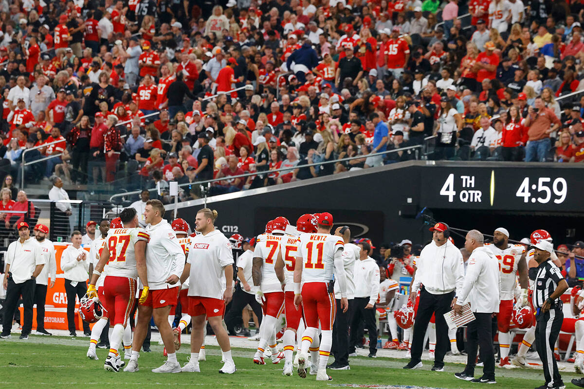 Kansas City Chiefs fans watch an NFL game against Raiders at Allegiant Stadium, on Sunday, Oct. ...