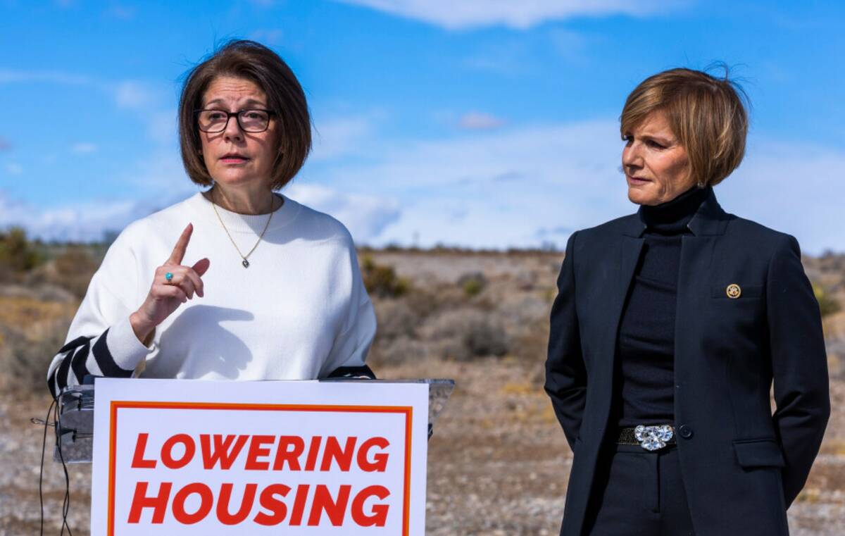 Sen. Catherine Cortez Masto is joined by U.S. Rep. Susie Lee, D-Nev., during a press conference ...