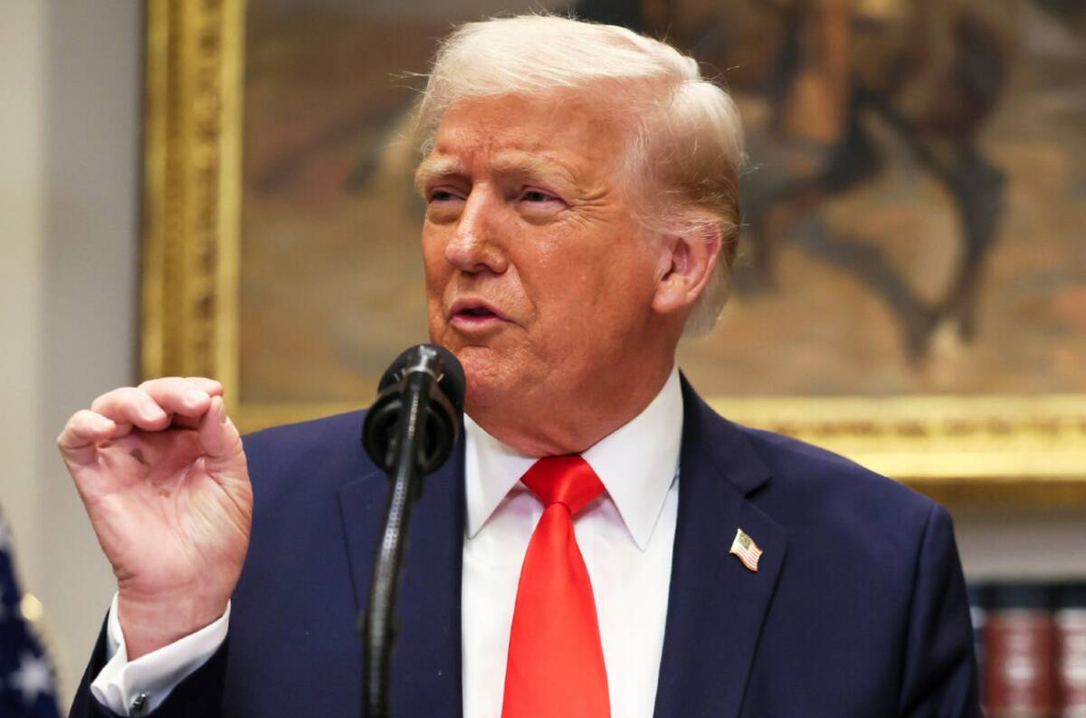 President Donald Trump speaks in the Roosevelt Room of the White House in Washington, Monday, M ...