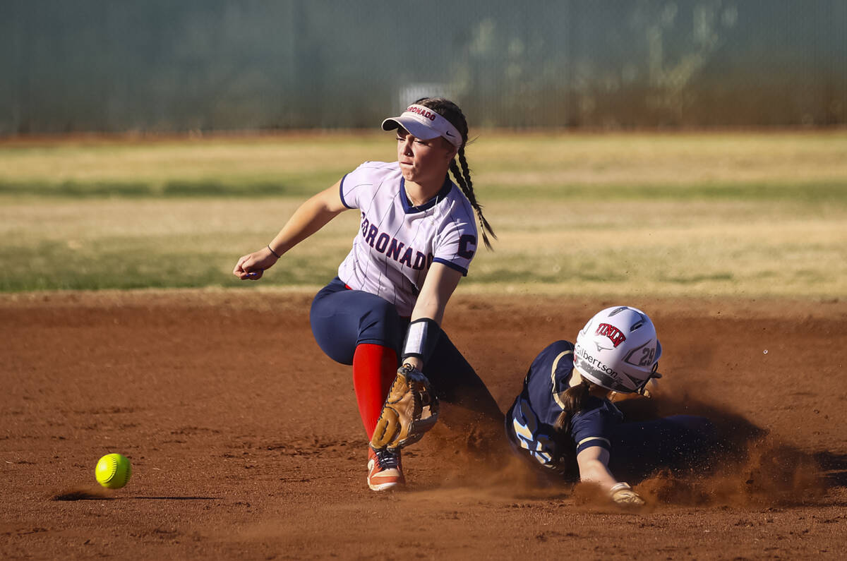 Foothill's Hailey Gilbertson (29) slides into second base against Coronado's Bailey Goldberg (1 ...