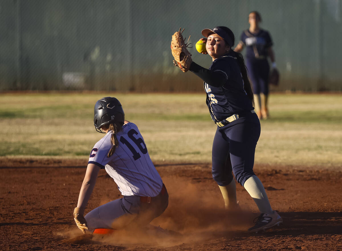 Foothill's Jessica Cadena, right, makes a pass after tagging out Coronado's EllaRae Means (16) ...