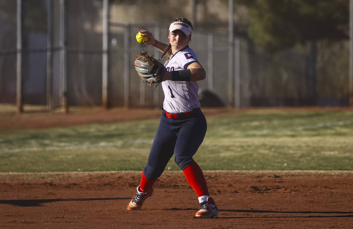 Coronado's Bailey Goldberg (1) looks to throw a pass during a softball game against Foothill at ...