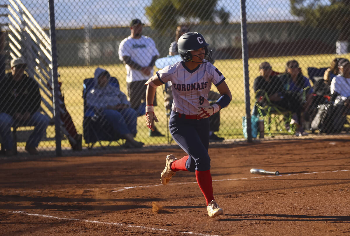 Coronado's Alohi Mundon (8) runs to first base against Foothill during a softball game at Coron ...