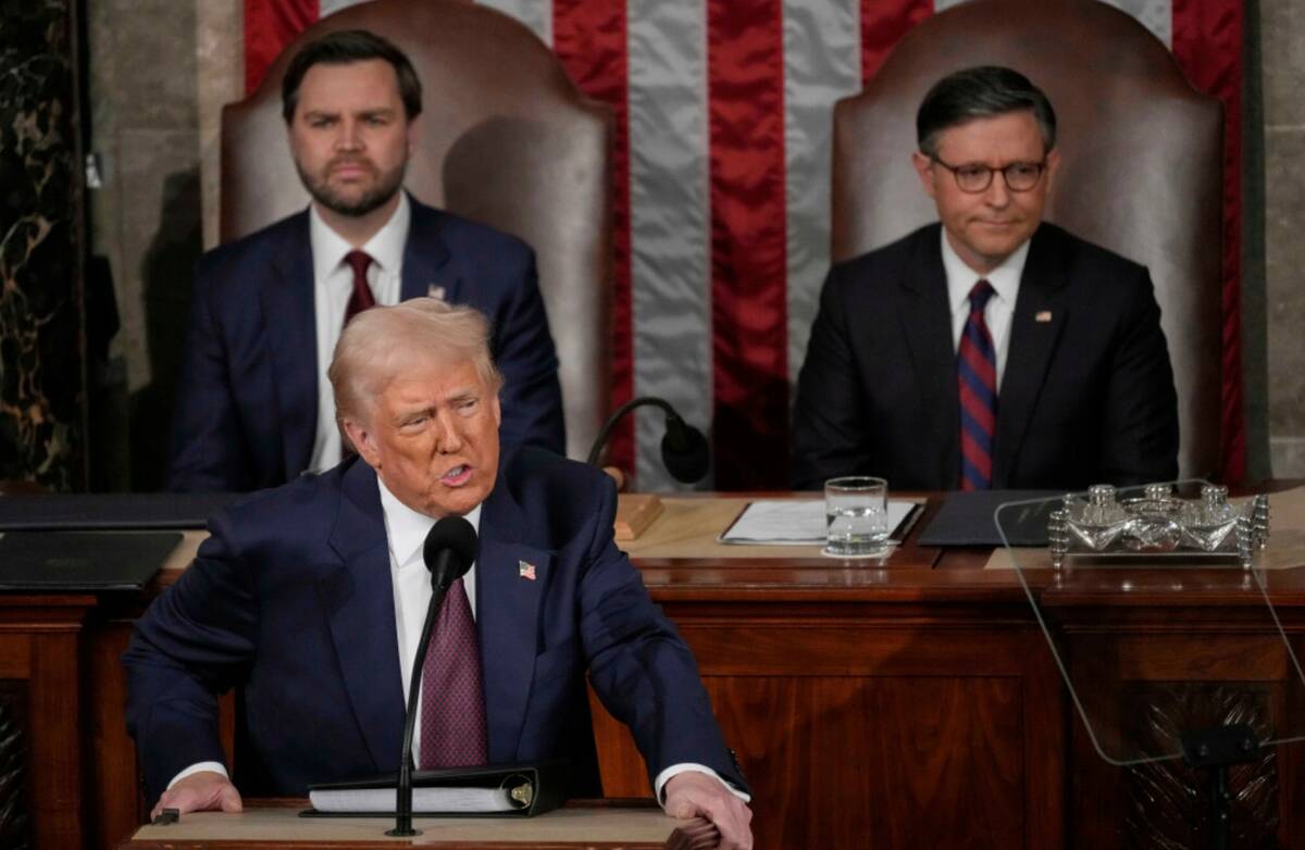 President Donald Trump addresses a joint session of Congress in the House chamber at the U.S. C ...