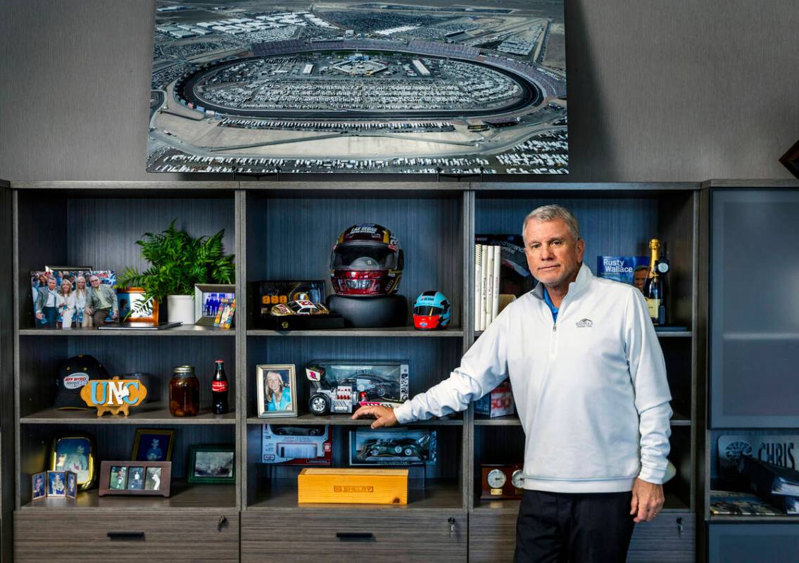 Las Vegas Motor Speedway president Chris Powell, in his office about some favorite memorabilia, ...