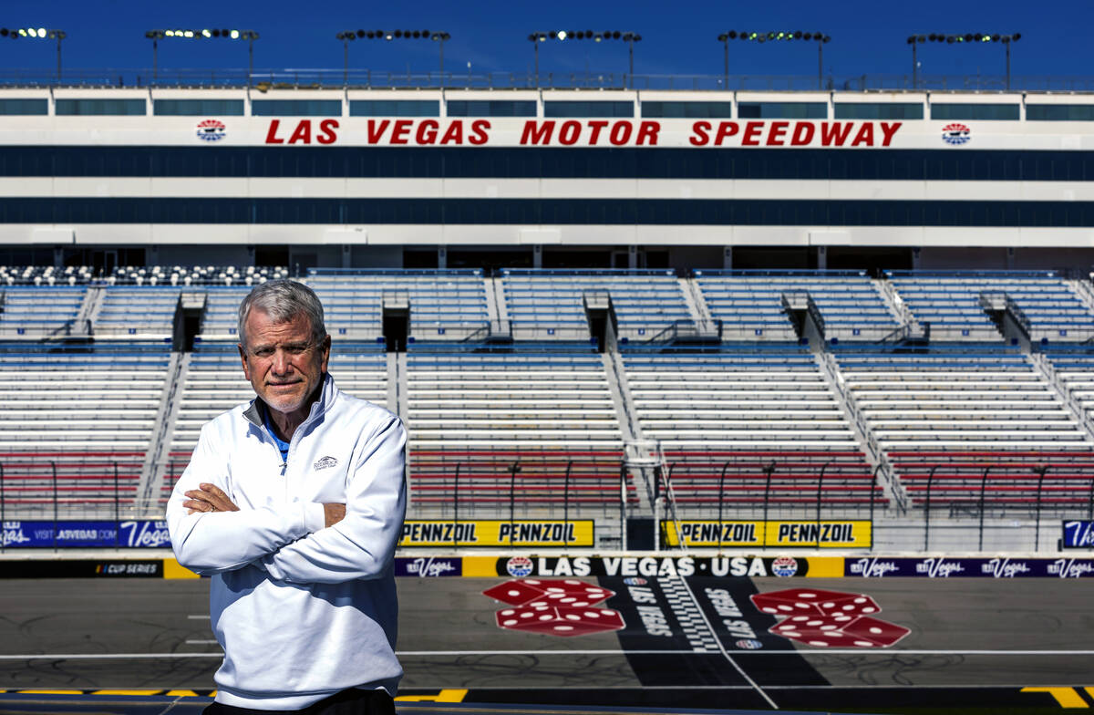 Las Vegas Motor Speedway president Chris Powell, standing about the third floor balcony of the ...