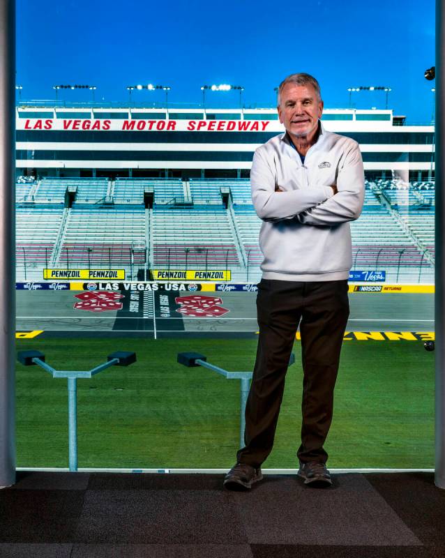 Las Vegas Motor Speedway president Chris Powell, in front of a wind within the Blackjack Club, ...