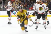 Golden Knights center Tomas Hertl (48) celebrates his goal against the Chicago Blackhawks durin ...