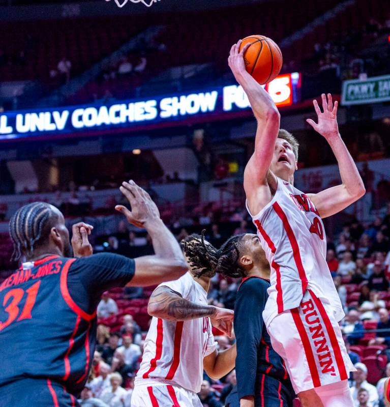 UNLV guard Julian Rishwain (20) works his way inside for a shot as San Diego State Aztecs forwa ...