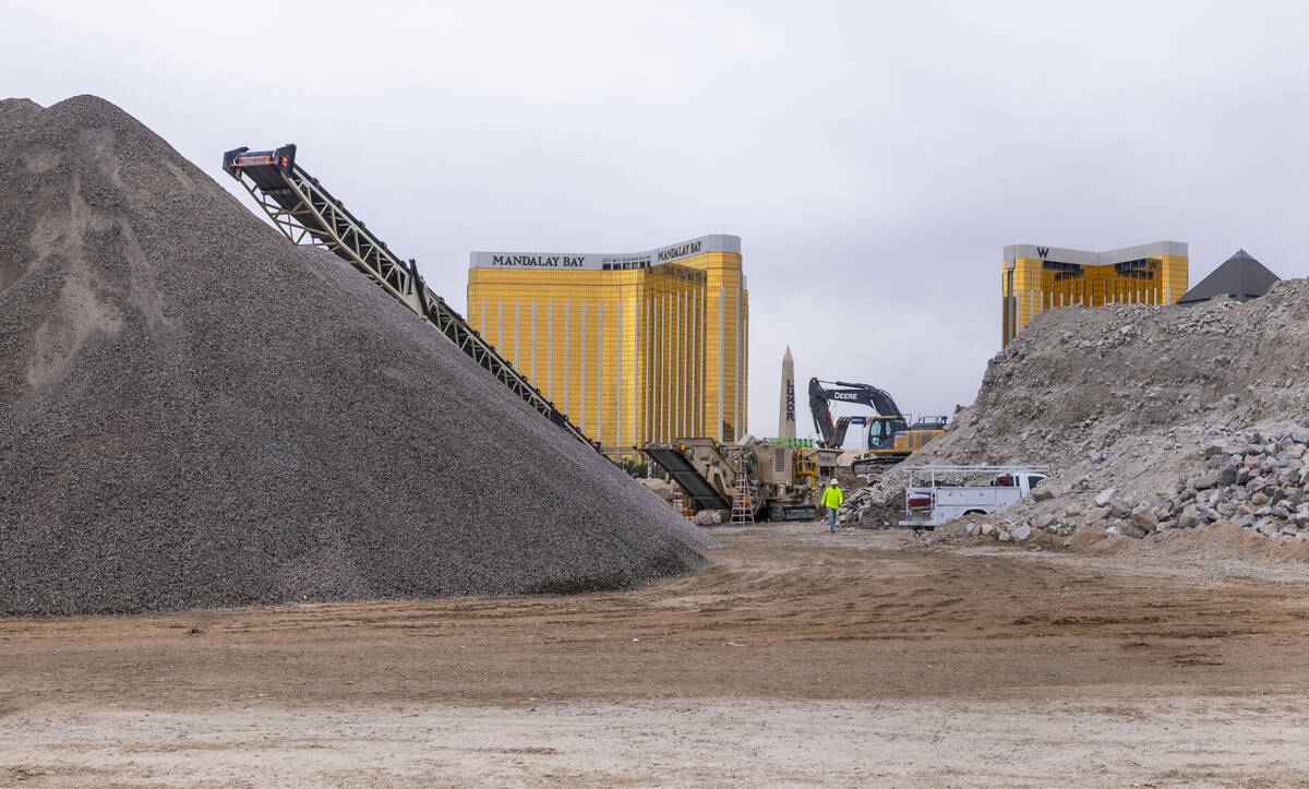 Piles of debris are ground into material as the Tropicana grounds continue to be cleared during ...