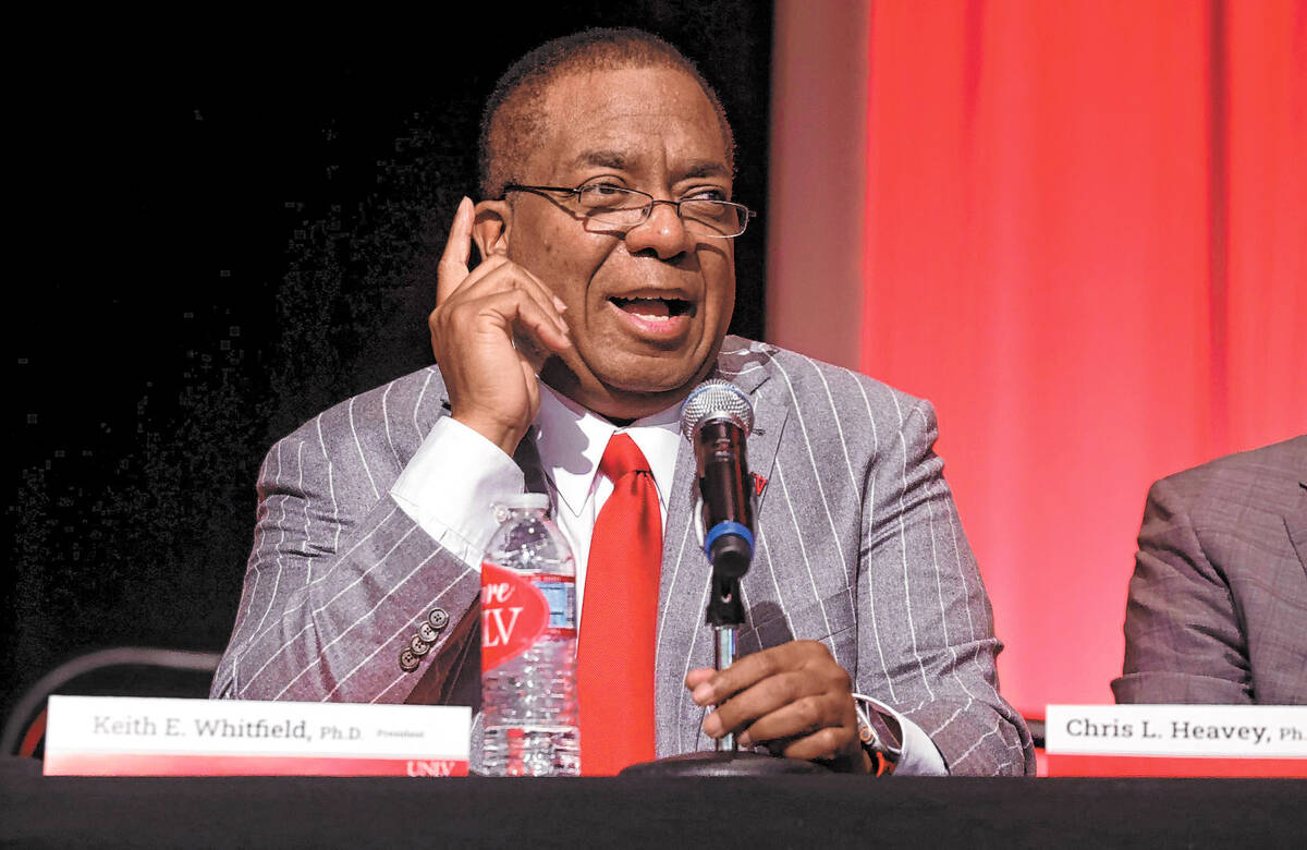 UNLV President Keith Whitfield speaks to faculty and staff during an all hands meeting in the S ...