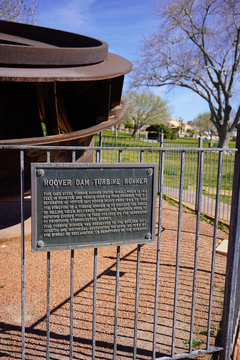 Partial view in Wilbur Square of a retired Hoover Dam turbine runner, which helped Hoover Dam p ...