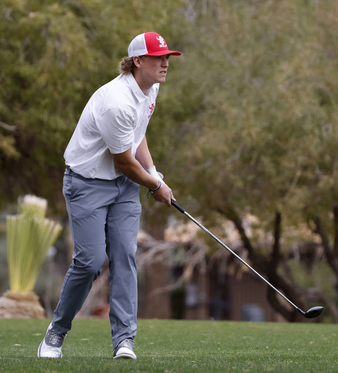 Arbor View's Levi Snider watches his drive after teeing off on the tenth during Class 5A boys g ...