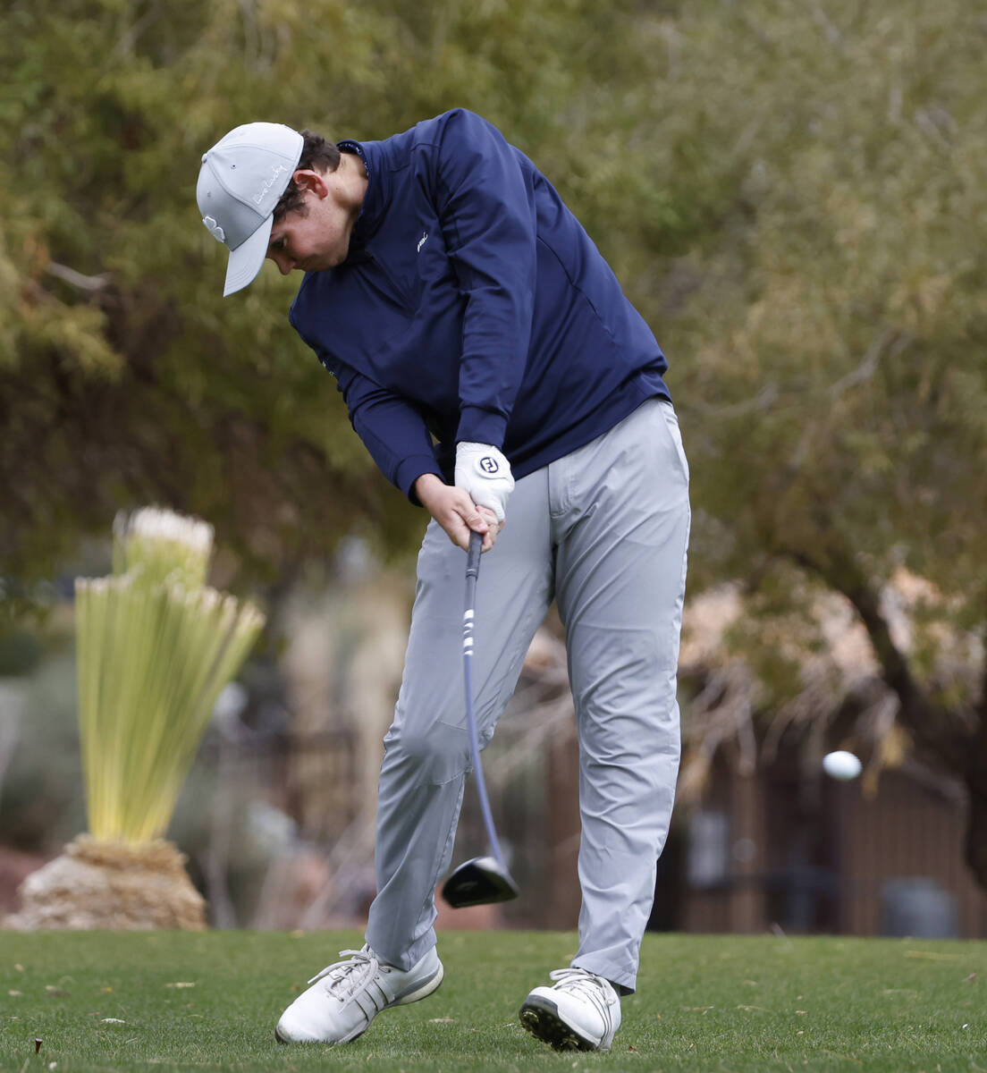 Shadow Ridge's Andrew Stout tees off on the tenth during Class 5A boys golf Desert League match ...