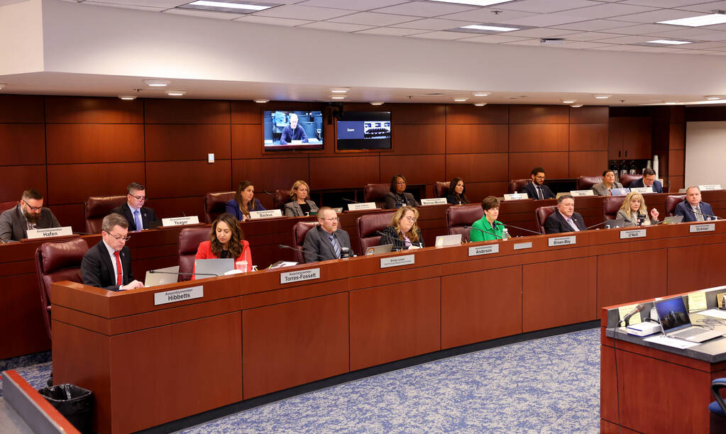 Assembly members listen during a meeting of the Assembly Ways and Means Committee in the Legisl ...