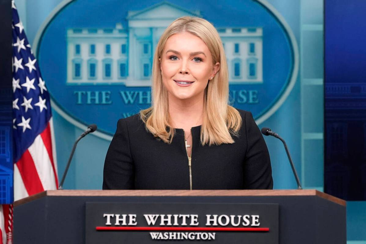 White House press secretary Karoline Leavitt speaks with reporters in the James Brady Press Bri ...