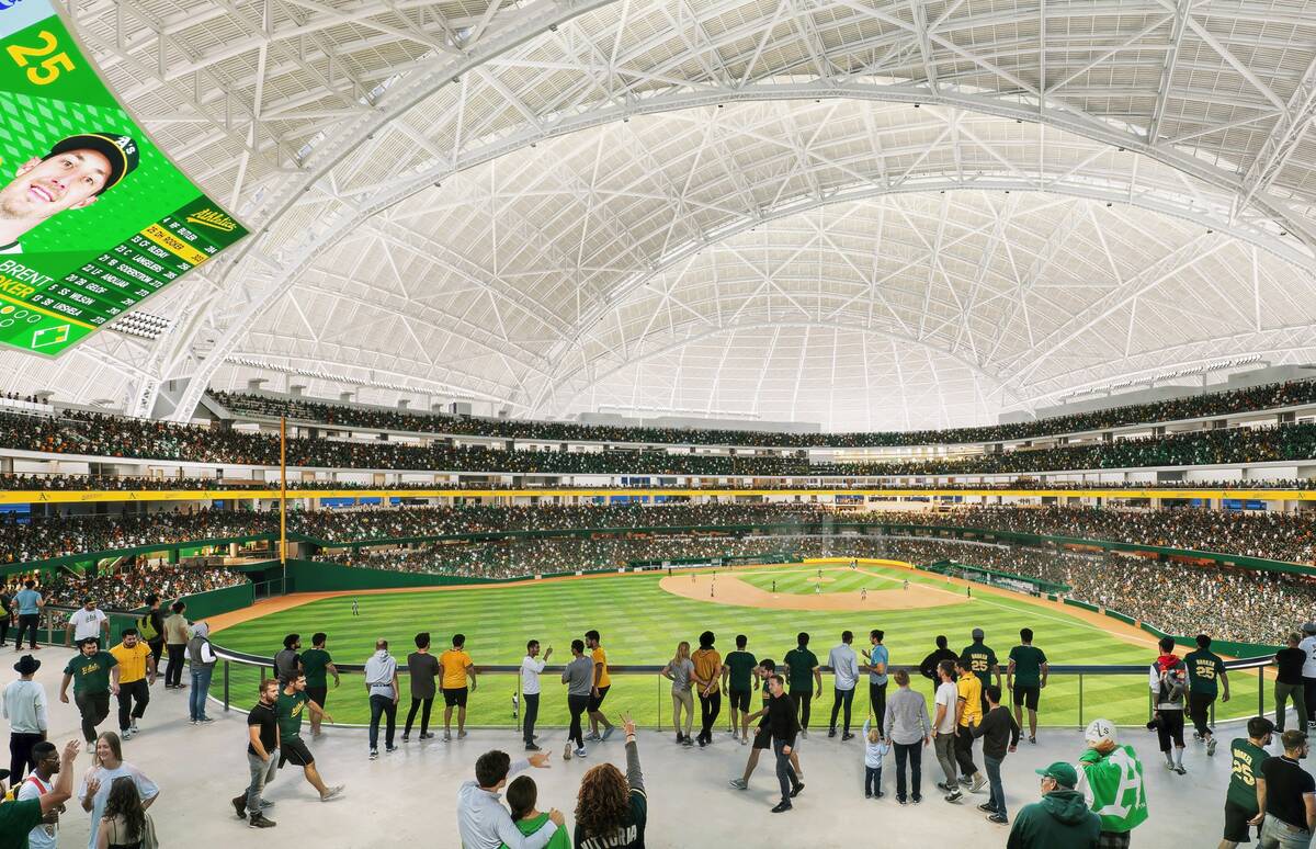An artist rendering of the Athletics' planned Las Vegas ballpark shown during a March 6, 2025, ...