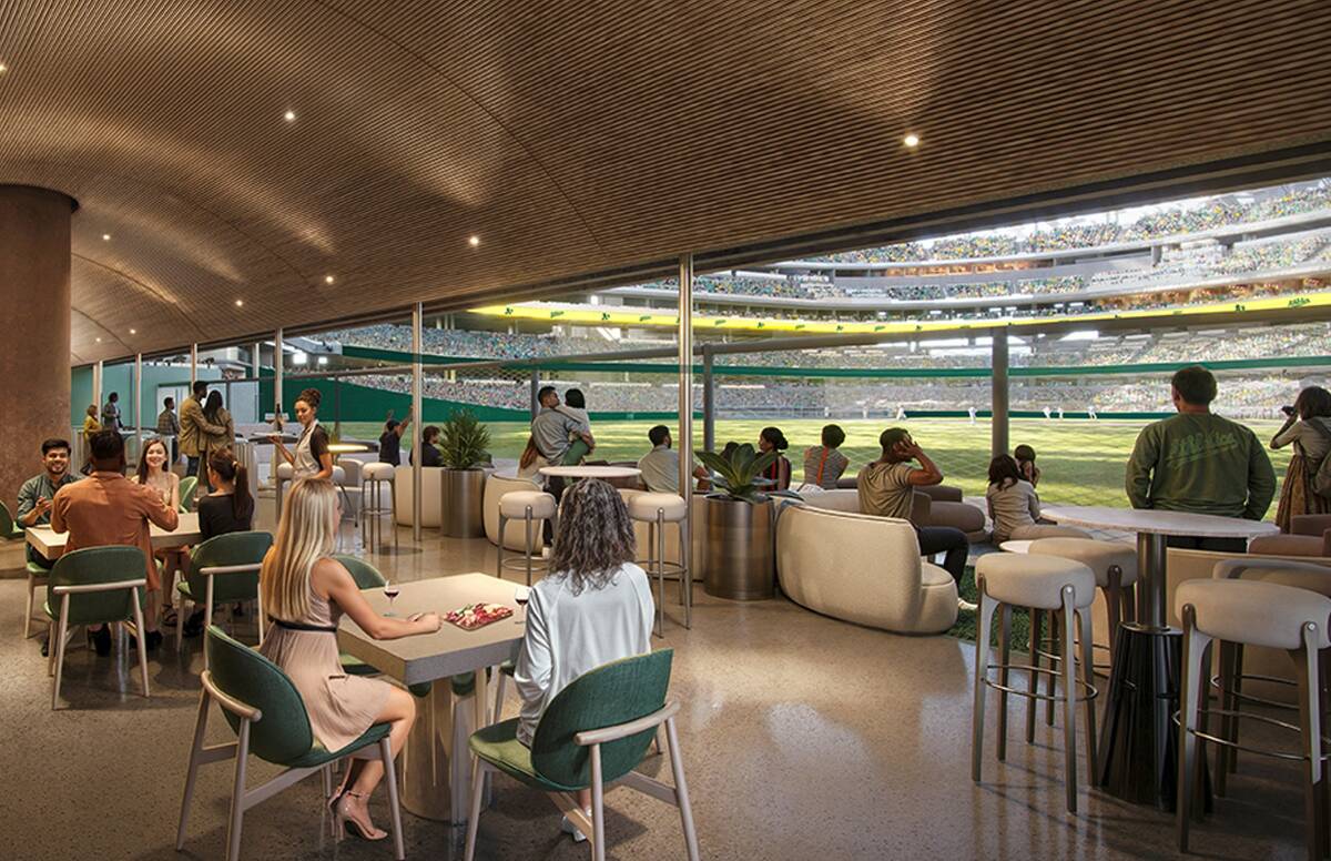 An artist rendering of the Athletics' planned Las Vegas ballpark shown during a March 6, 2025, ...