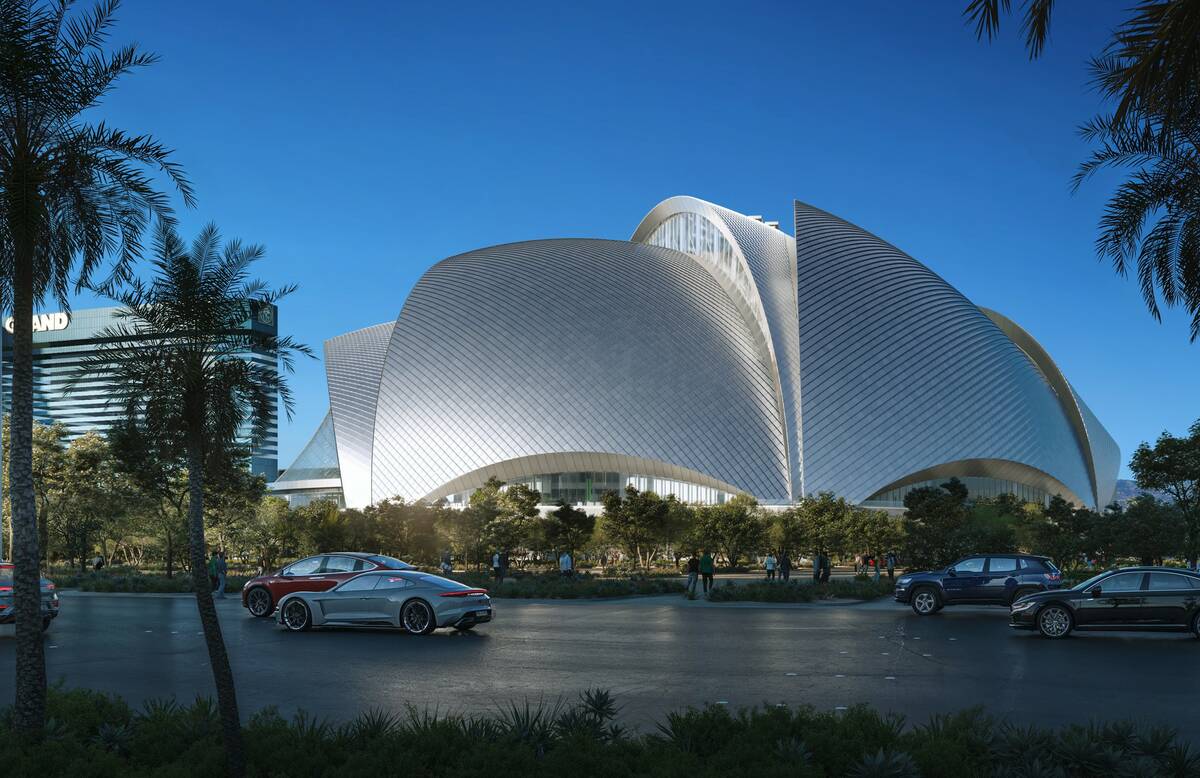 An artist rendering of the Athletics' planned Las Vegas ballpark shown during a March 6, 2025, ...