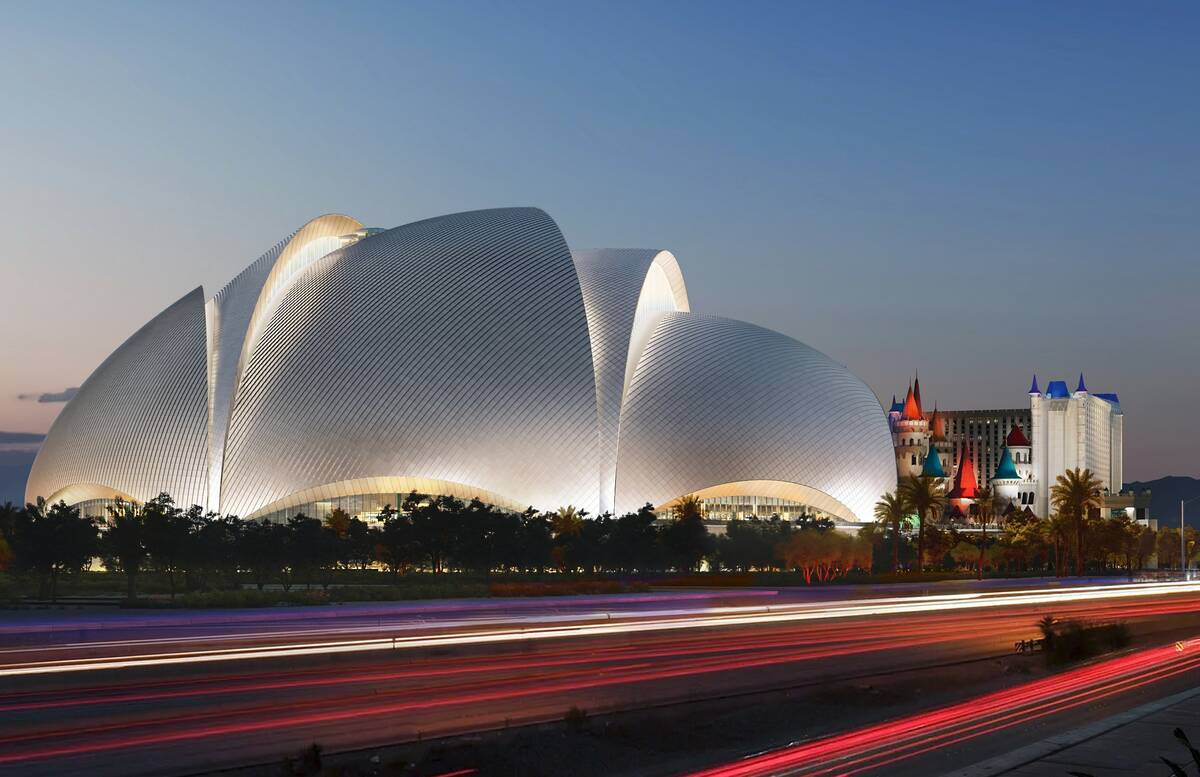 An artist rendering of the Athletics' planned Las Vegas ballpark shown during a March 6, 2025, ...