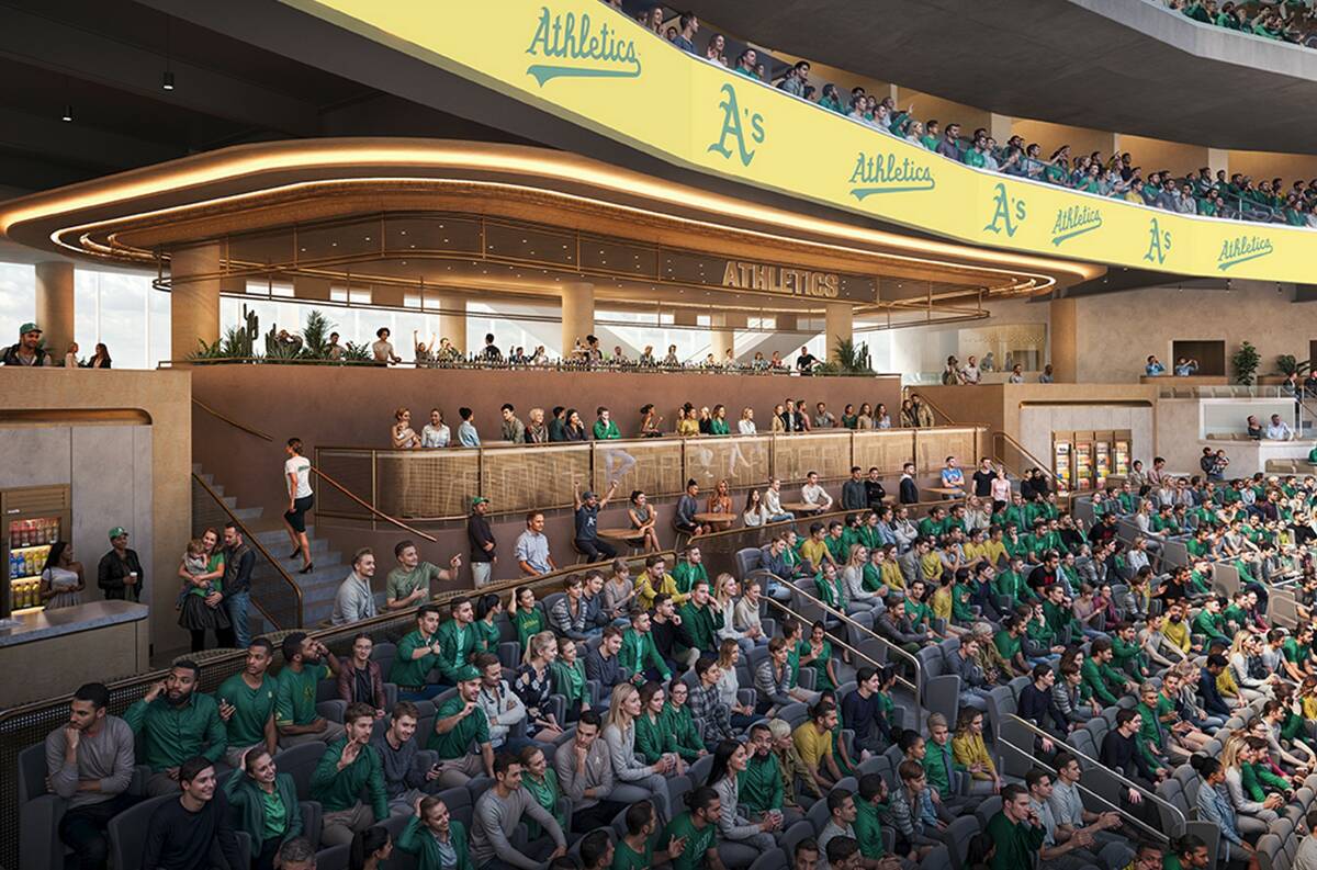 An artist rendering of the Athletics' planned Las Vegas ballpark shown during a March 6, 2025, ...