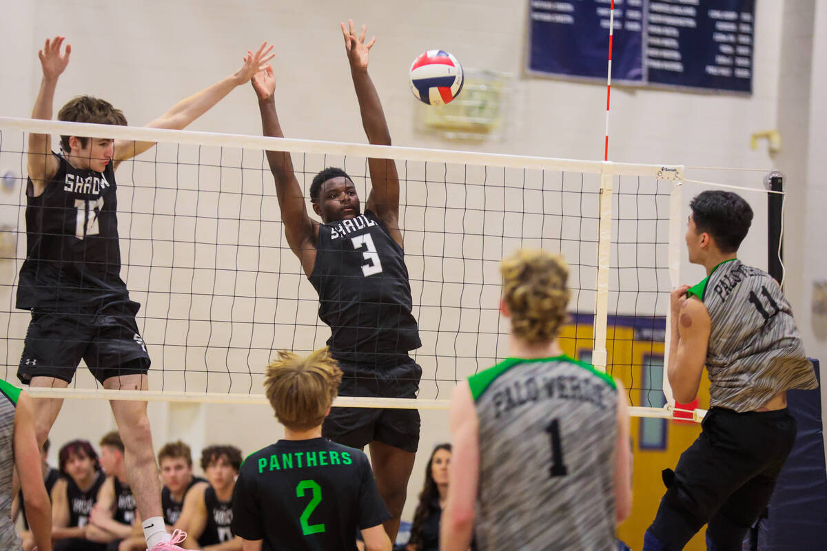 Shadow Ridge middle blocker Brennon Kendall (10) and outside hitter Zion Moore (3) during a hig ...