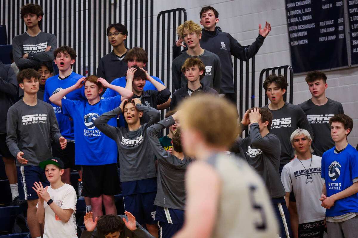 Shadow Ridge students react to a play during a high school boys volleyball game between Palo Ve ...