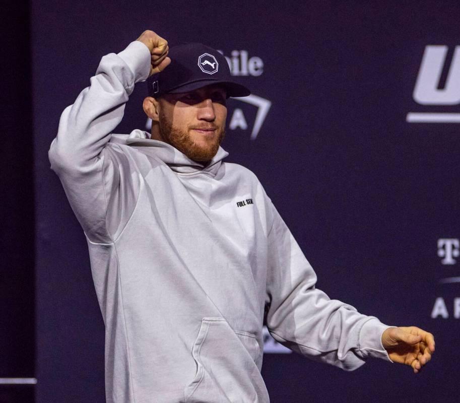 Lightweight fighter Justin Gaethje arrives on stage during the UFC 313 press conference at the ...