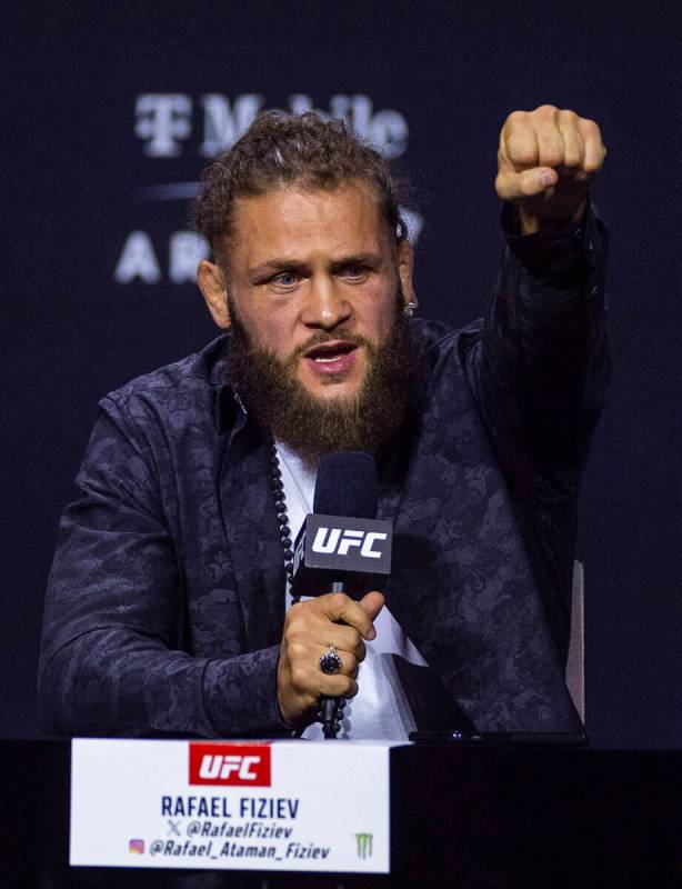 Lightweight fighter Rafael Fiziev answers a question during the UFC 313 press conference at the ...