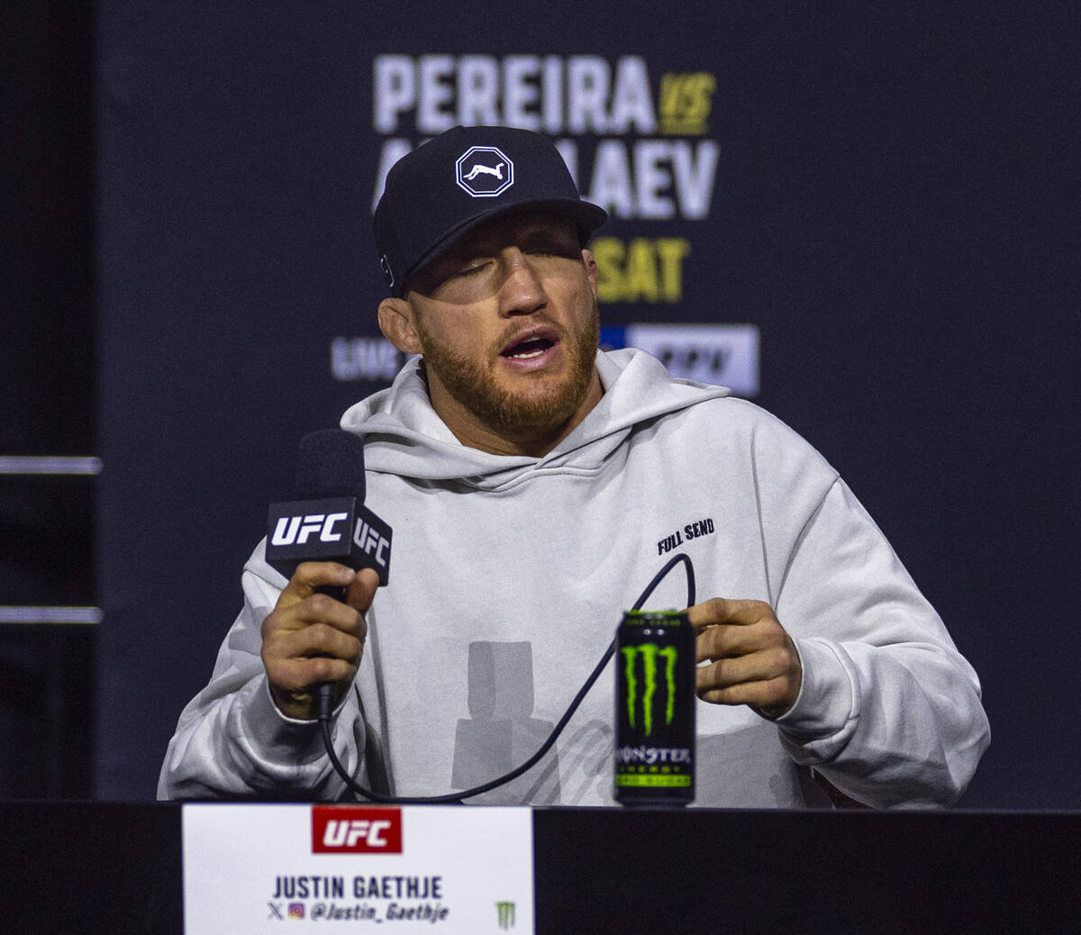 Lightweight fighter Justin Gaethje answers a question during the UFC 313 press conference at th ...