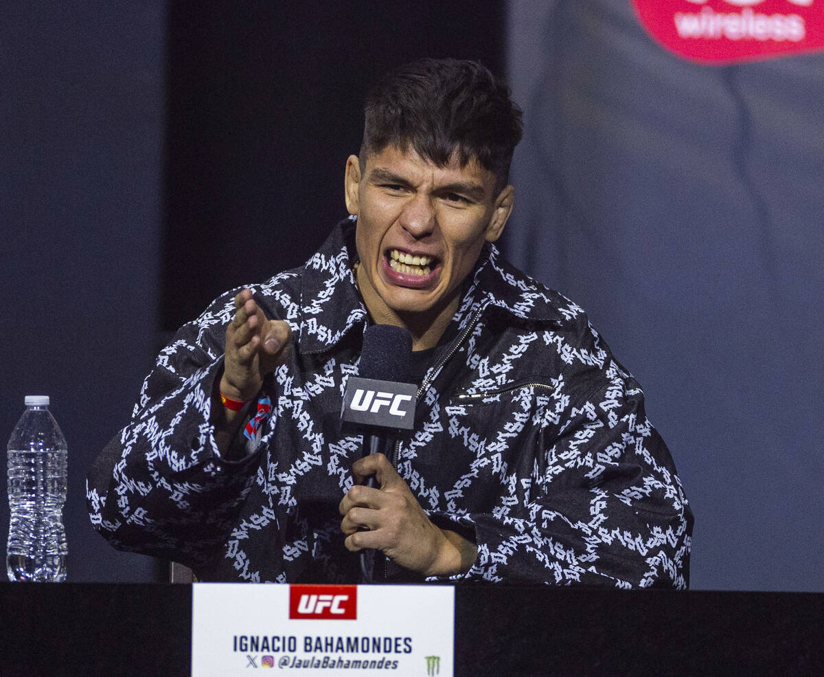 Lightweight fighter Ignacio Bahamondes answers a question during the UFC 313 press conference a ...