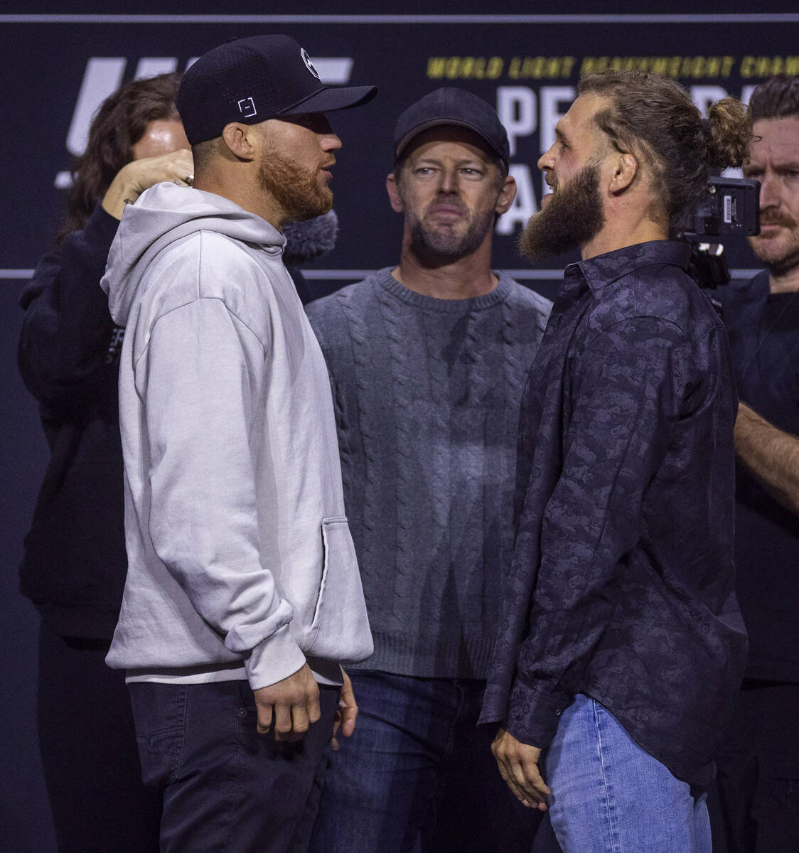 Lightweight fighters Justin Gaethje Rafael Fiziev chatter back and forth as they come together ...