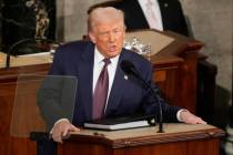 President Donald Trump addresses a joint session of Congress at the Capitol in Washington, Tues ...